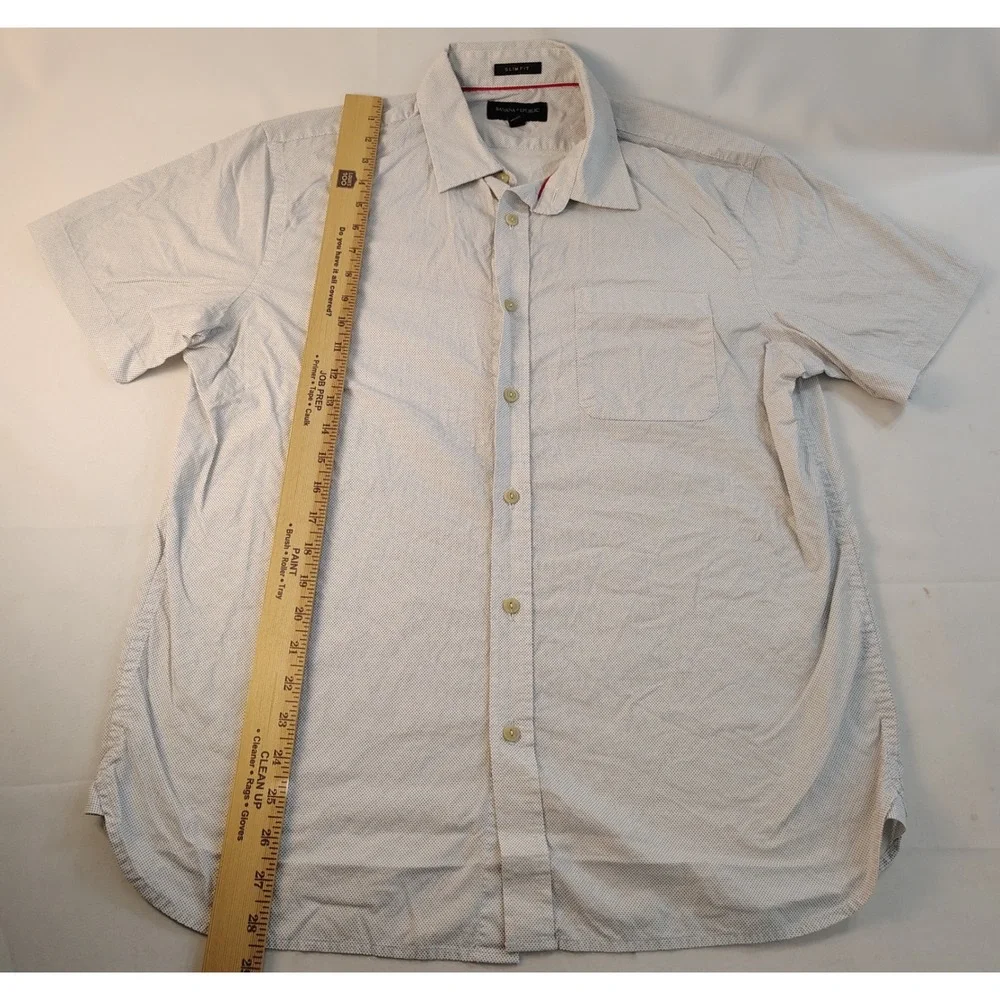 Banana Republic Mens Slim Fit Short Sleeve Button Down Shirt White Blue Dot L